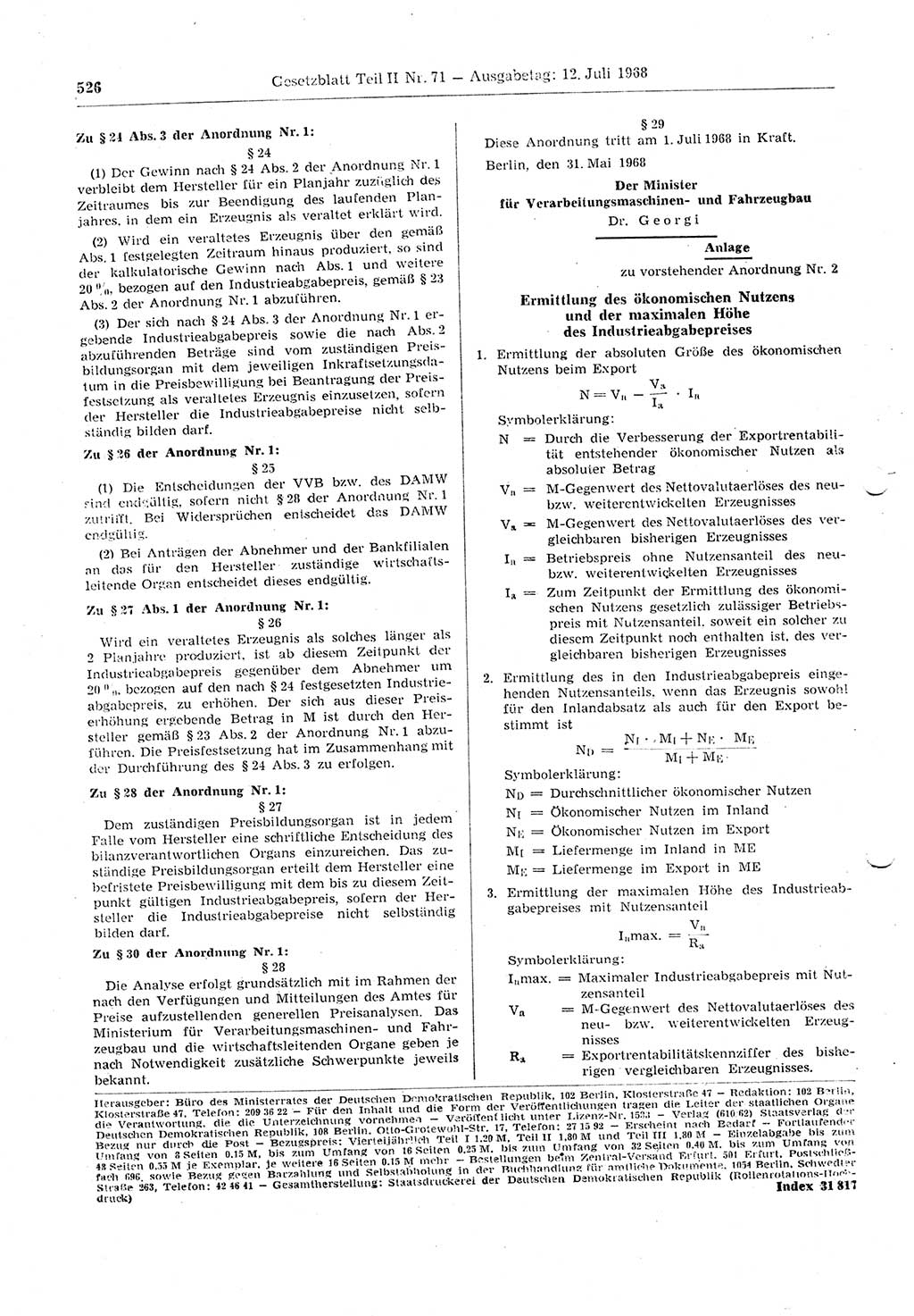 Gesetzblatt (GBl.) der Deutschen Demokratischen Republik (DDR) Teil ⅠⅠ 1968, Seite 526 (GBl. DDR ⅠⅠ 1968, S. 526)