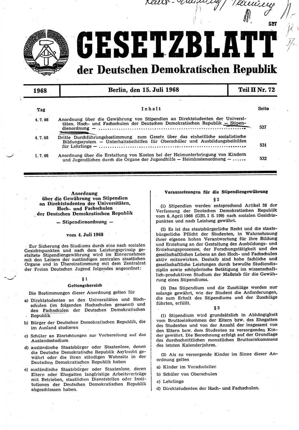 Gesetzblatt (GBl.) der Deutschen Demokratischen Republik (DDR) Teil ⅠⅠ 1968, Seite 527 (GBl. DDR ⅠⅠ 1968, S. 527)