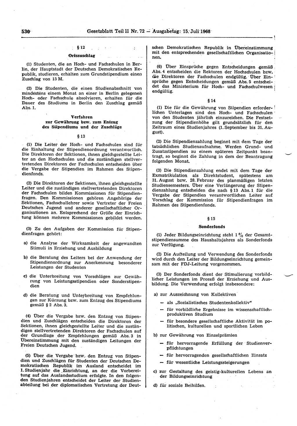 Gesetzblatt (GBl.) der Deutschen Demokratischen Republik (DDR) Teil ⅠⅠ 1968, Seite 530 (GBl. DDR ⅠⅠ 1968, S. 530)