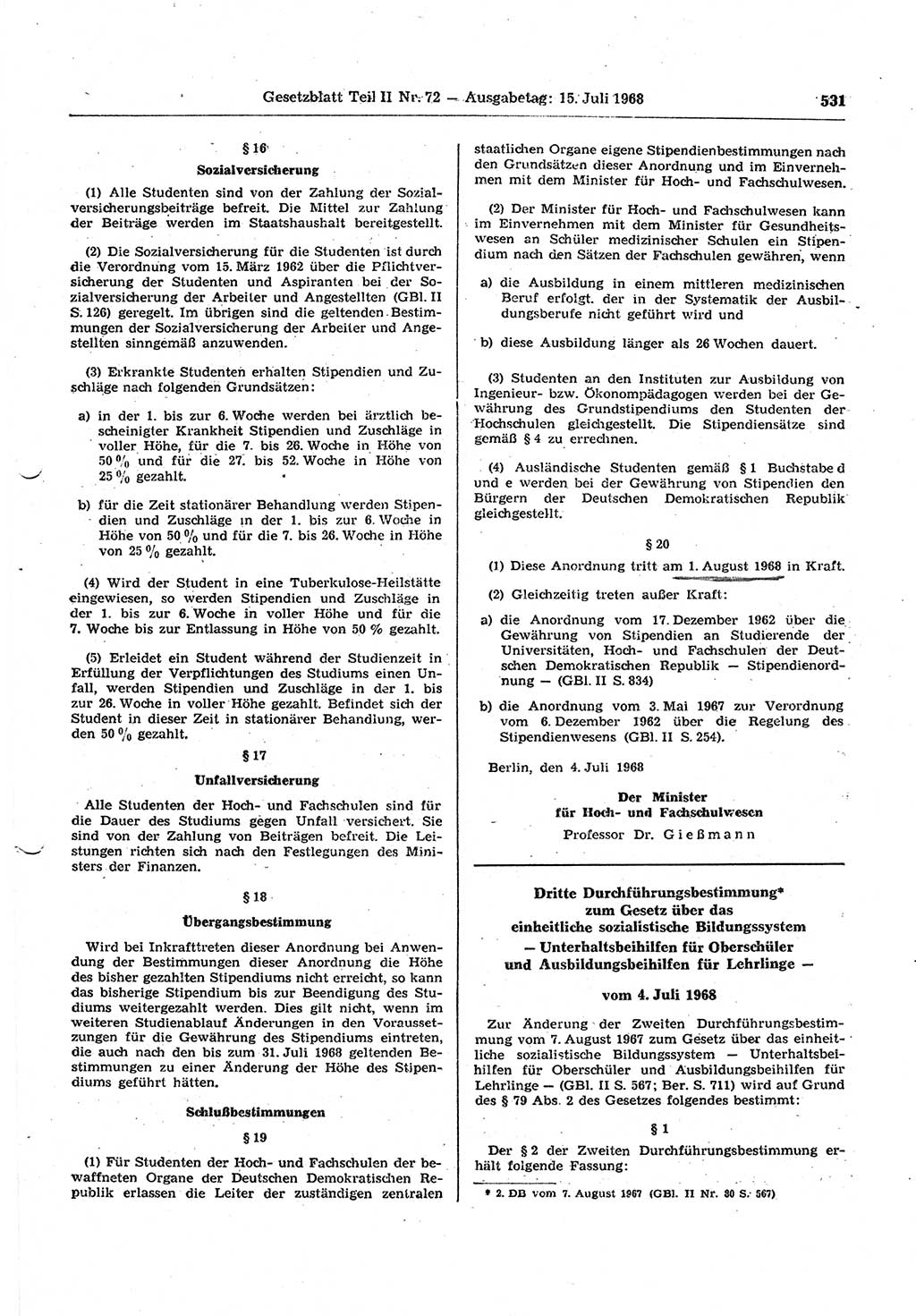 Gesetzblatt (GBl.) der Deutschen Demokratischen Republik (DDR) Teil ⅠⅠ 1968, Seite 531 (GBl. DDR ⅠⅠ 1968, S. 531)