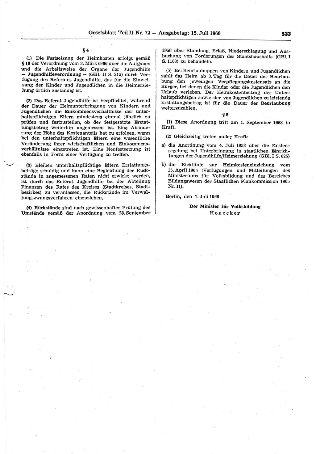 Gesetzblatt (GBl.) der Deutschen Demokratischen Republik (DDR) Teil ⅠⅠ 1968, Seite 533 (GBl. DDR ⅠⅠ 1968, S. 533)