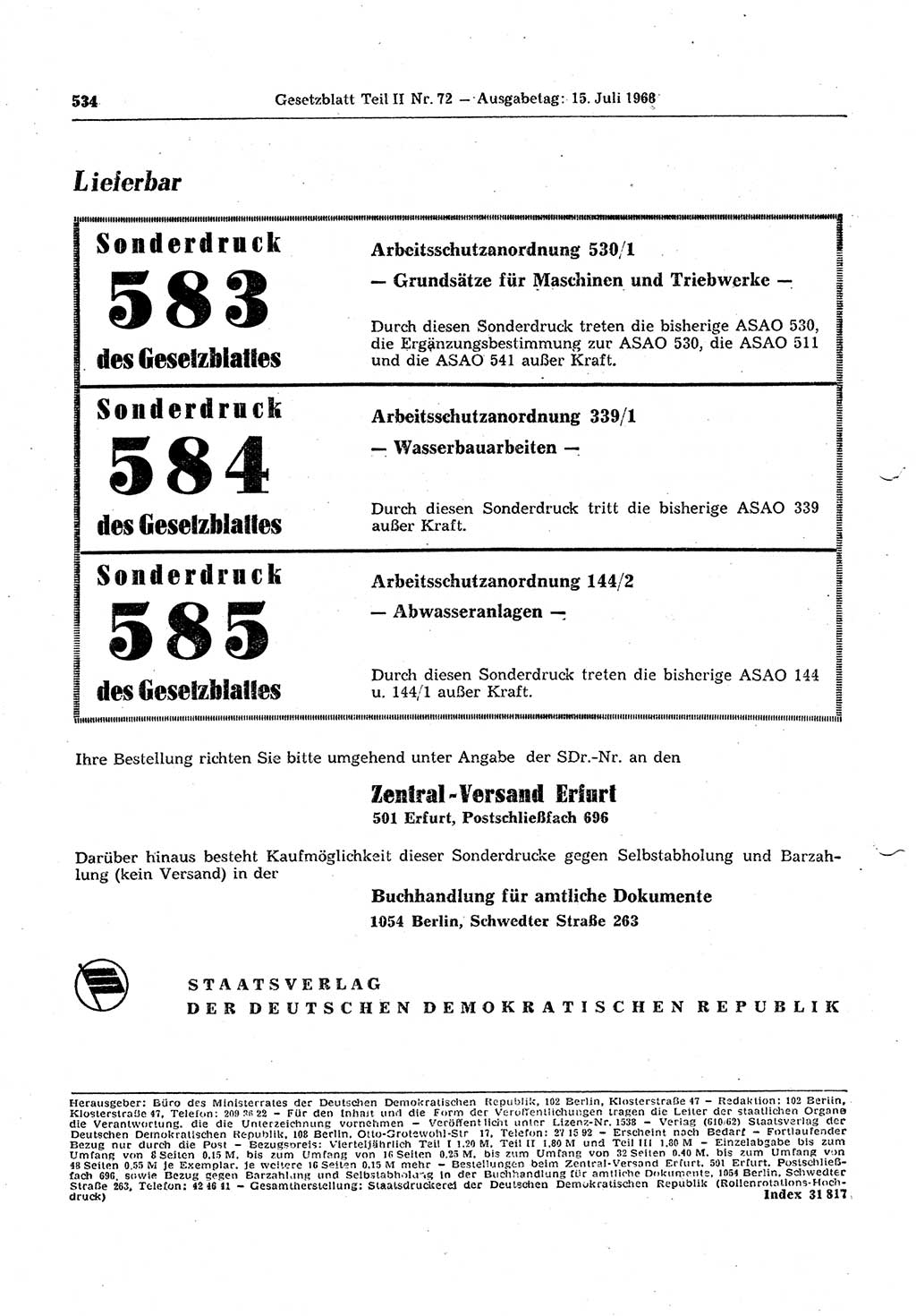 Gesetzblatt (GBl.) der Deutschen Demokratischen Republik (DDR) Teil ⅠⅠ 1968, Seite 534 (GBl. DDR ⅠⅠ 1968, S. 534)