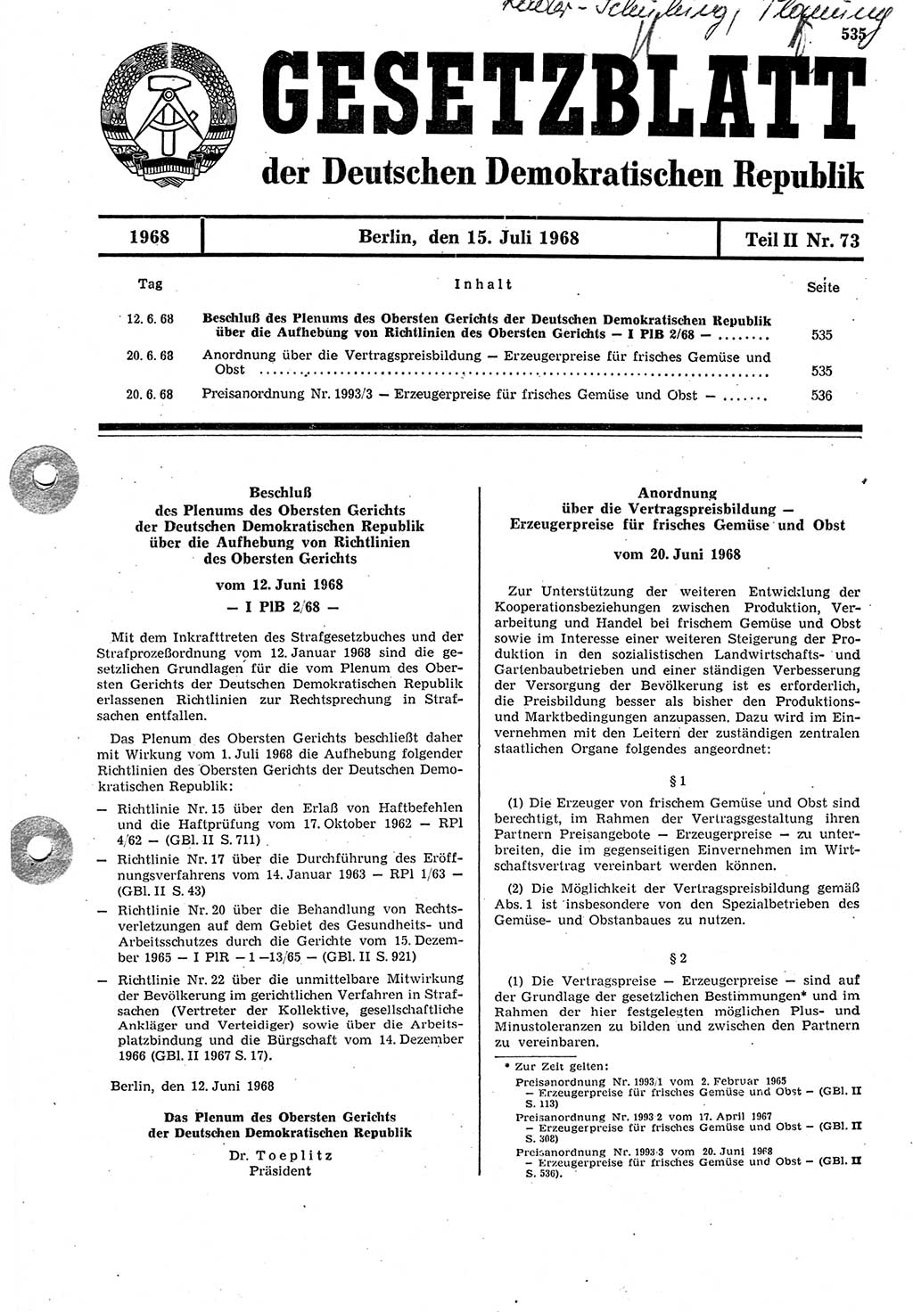 Gesetzblatt (GBl.) der Deutschen Demokratischen Republik (DDR) Teil ⅠⅠ 1968, Seite 535 (GBl. DDR ⅠⅠ 1968, S. 535)