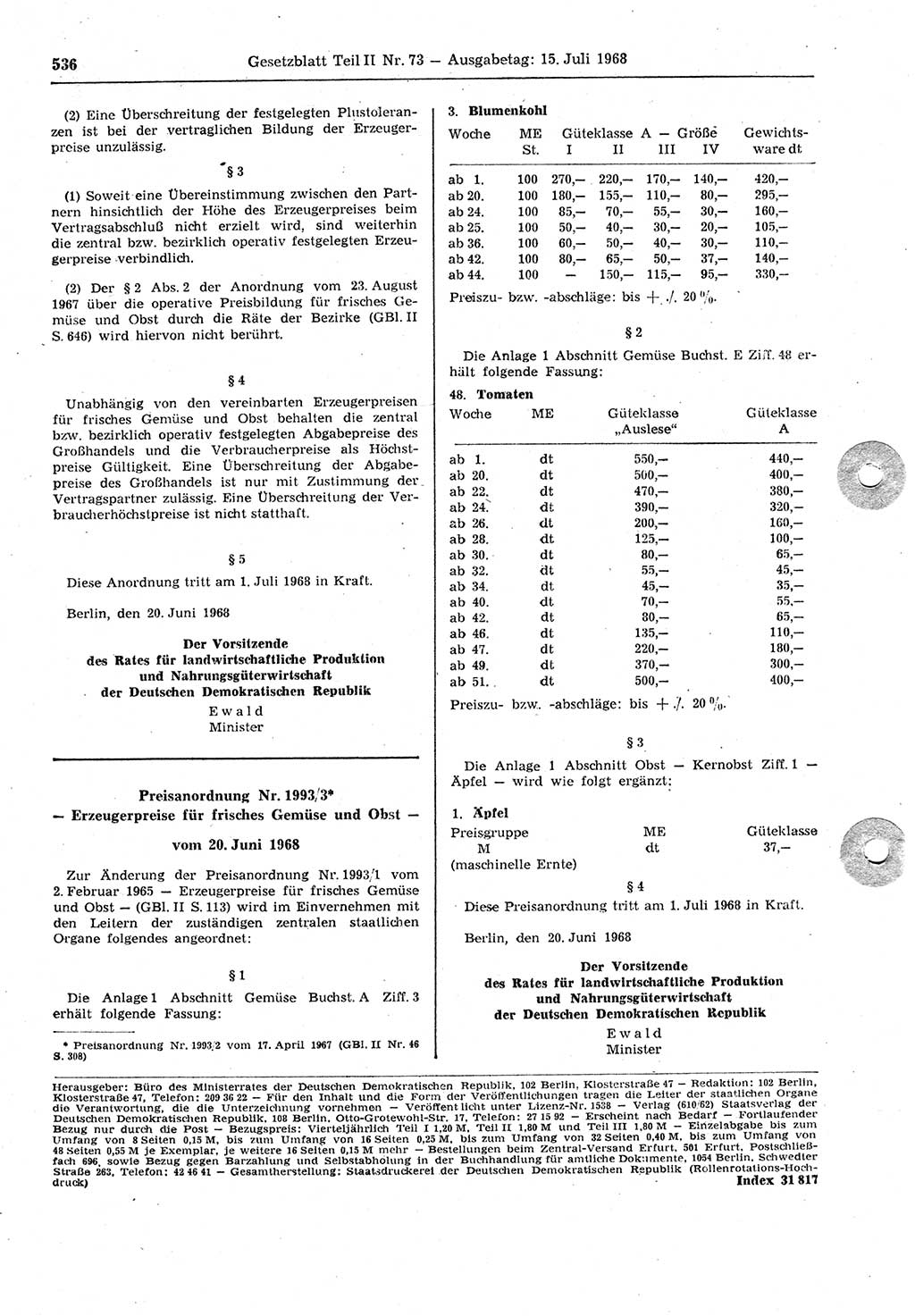 Gesetzblatt (GBl.) der Deutschen Demokratischen Republik (DDR) Teil ⅠⅠ 1968, Seite 536 (GBl. DDR ⅠⅠ 1968, S. 536)