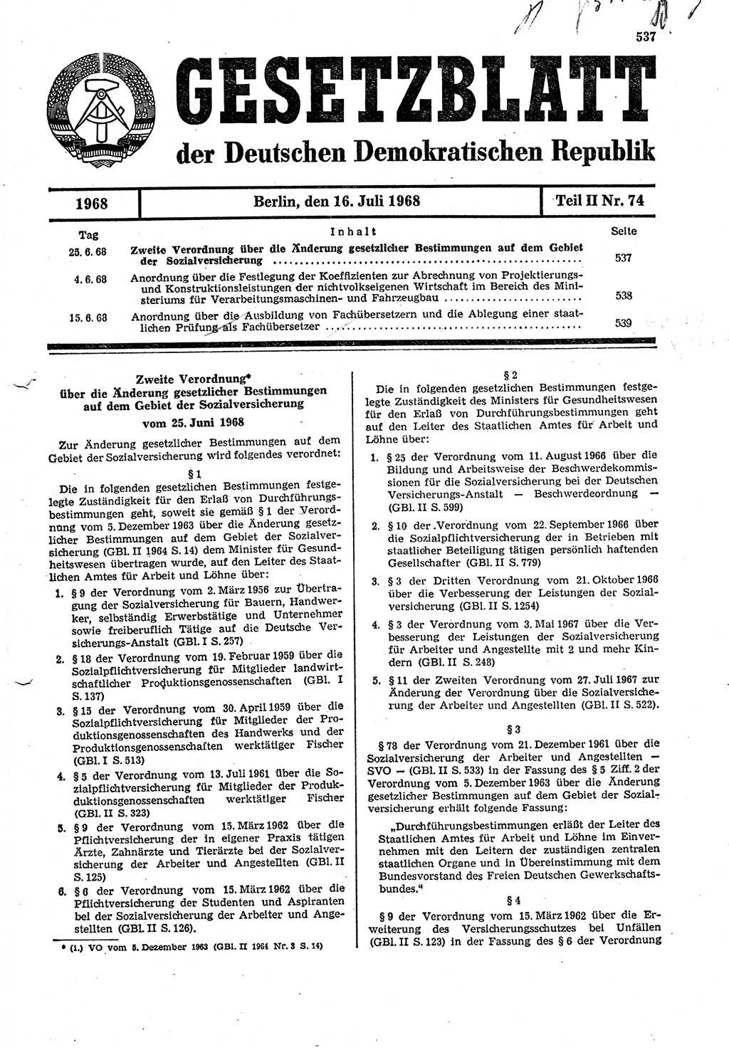 Gesetzblatt (GBl.) der Deutschen Demokratischen Republik (DDR) Teil ⅠⅠ 1968, Seite 537 (GBl. DDR ⅠⅠ 1968, S. 537)