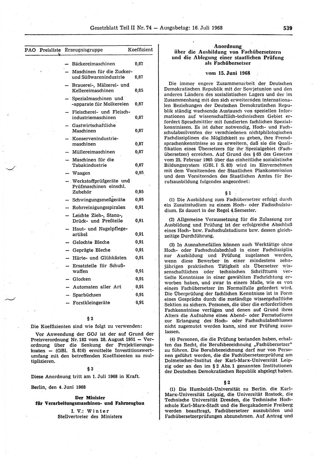 Gesetzblatt (GBl.) der Deutschen Demokratischen Republik (DDR) Teil ⅠⅠ 1968, Seite 539 (GBl. DDR ⅠⅠ 1968, S. 539)