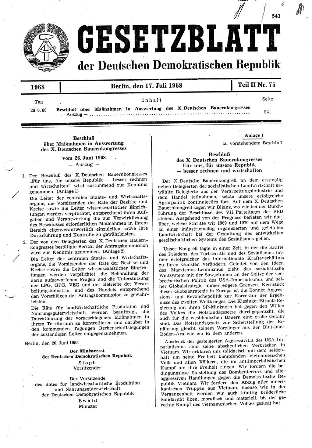 Gesetzblatt (GBl.) der Deutschen Demokratischen Republik (DDR) Teil ⅠⅠ 1968, Seite 541 (GBl. DDR ⅠⅠ 1968, S. 541)