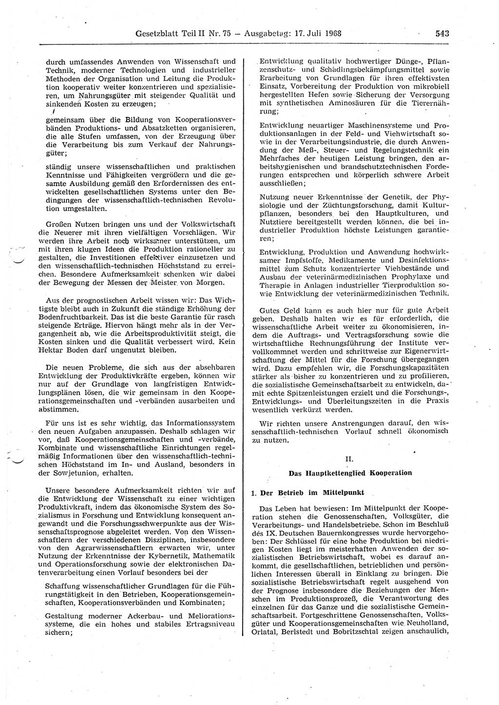Gesetzblatt (GBl.) der Deutschen Demokratischen Republik (DDR) Teil ⅠⅠ 1968, Seite 543 (GBl. DDR ⅠⅠ 1968, S. 543)