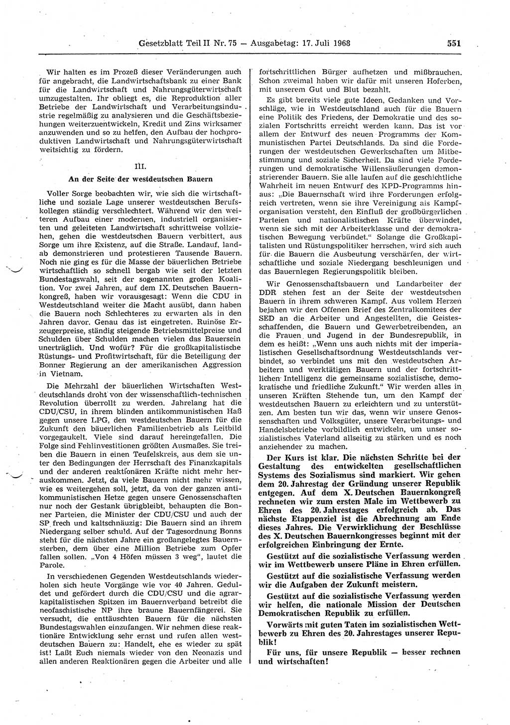Gesetzblatt (GBl.) der Deutschen Demokratischen Republik (DDR) Teil ⅠⅠ 1968, Seite 551 (GBl. DDR ⅠⅠ 1968, S. 551)