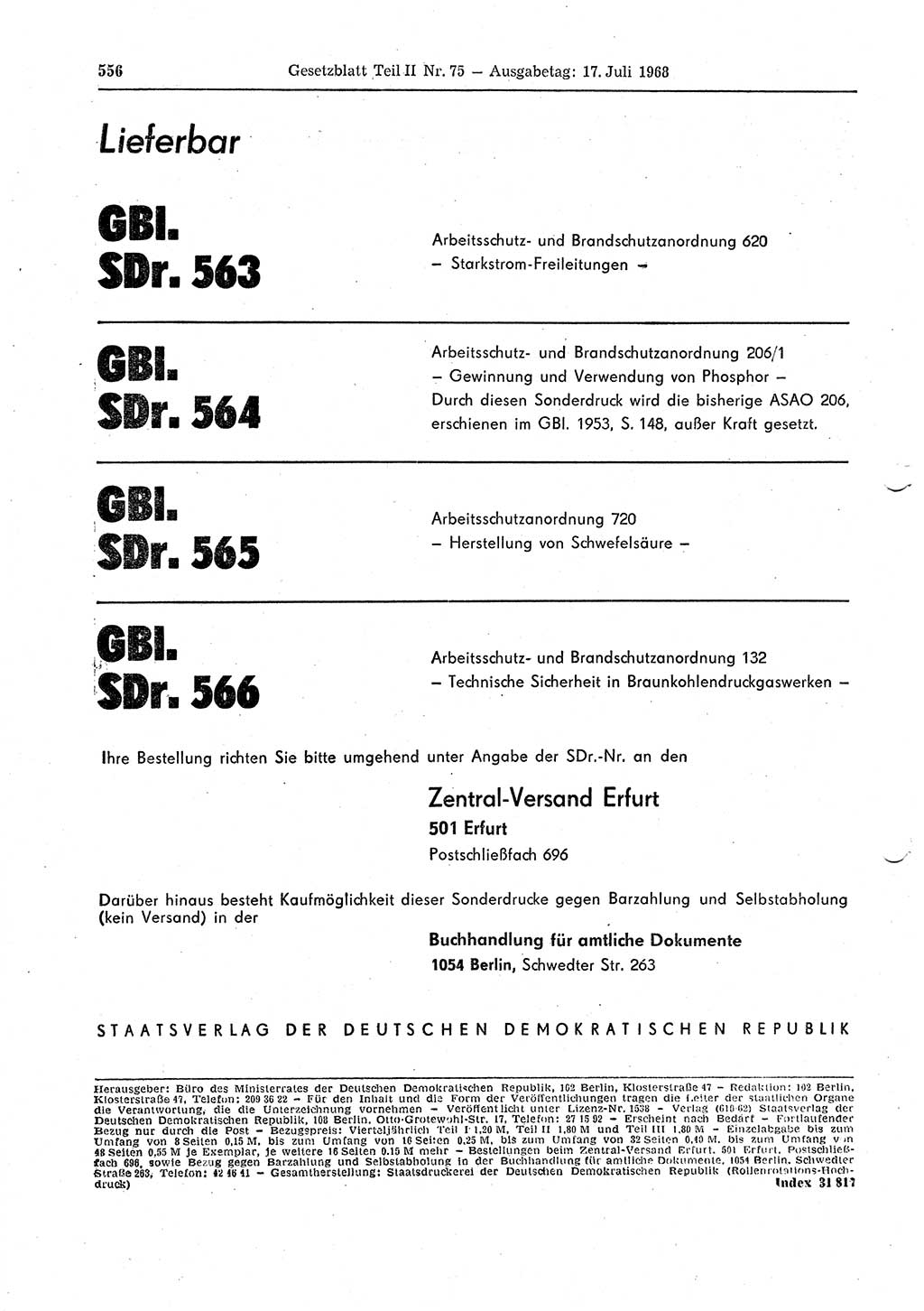 Gesetzblatt (GBl.) der Deutschen Demokratischen Republik (DDR) Teil ⅠⅠ 1968, Seite 556 (GBl. DDR ⅠⅠ 1968, S. 556)