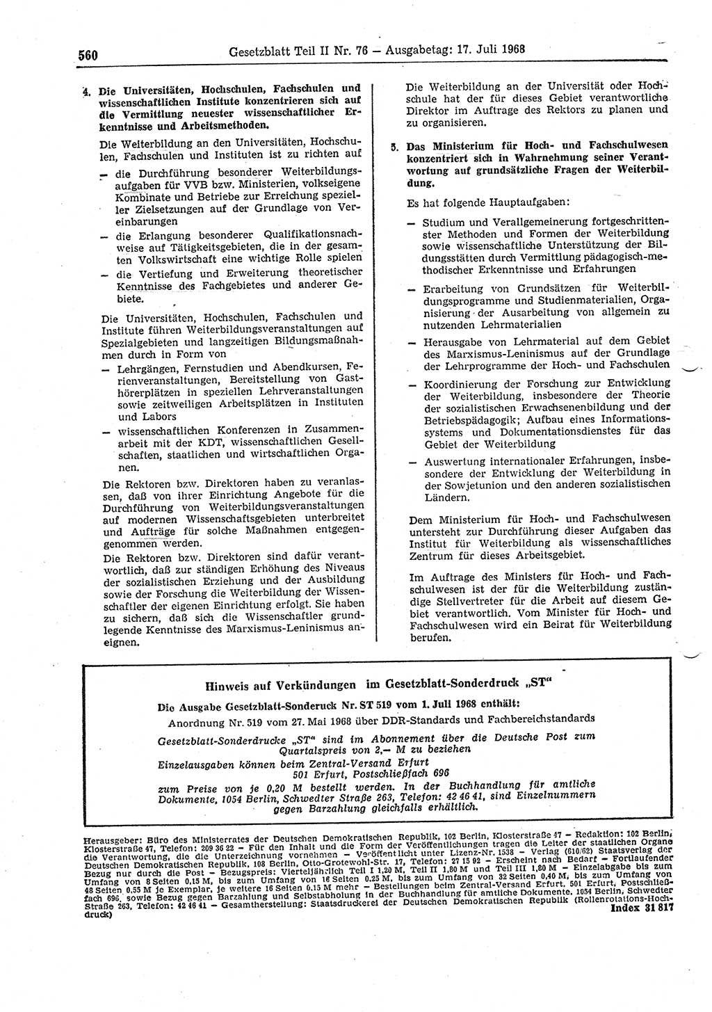 Gesetzblatt (GBl.) der Deutschen Demokratischen Republik (DDR) Teil ⅠⅠ 1968, Seite 560 (GBl. DDR ⅠⅠ 1968, S. 560)