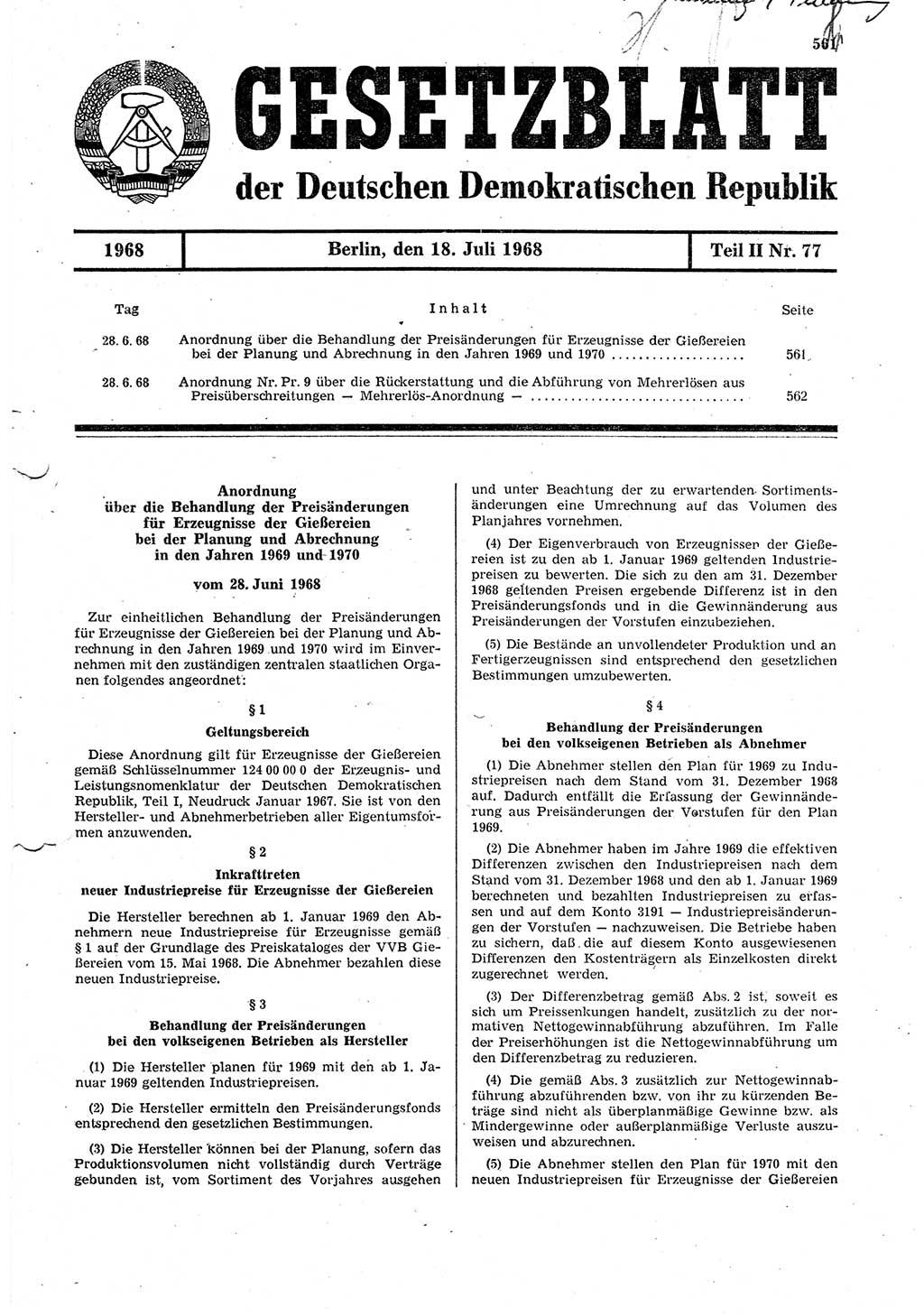 Gesetzblatt (GBl.) der Deutschen Demokratischen Republik (DDR) Teil ⅠⅠ 1968, Seite 561 (GBl. DDR ⅠⅠ 1968, S. 561)