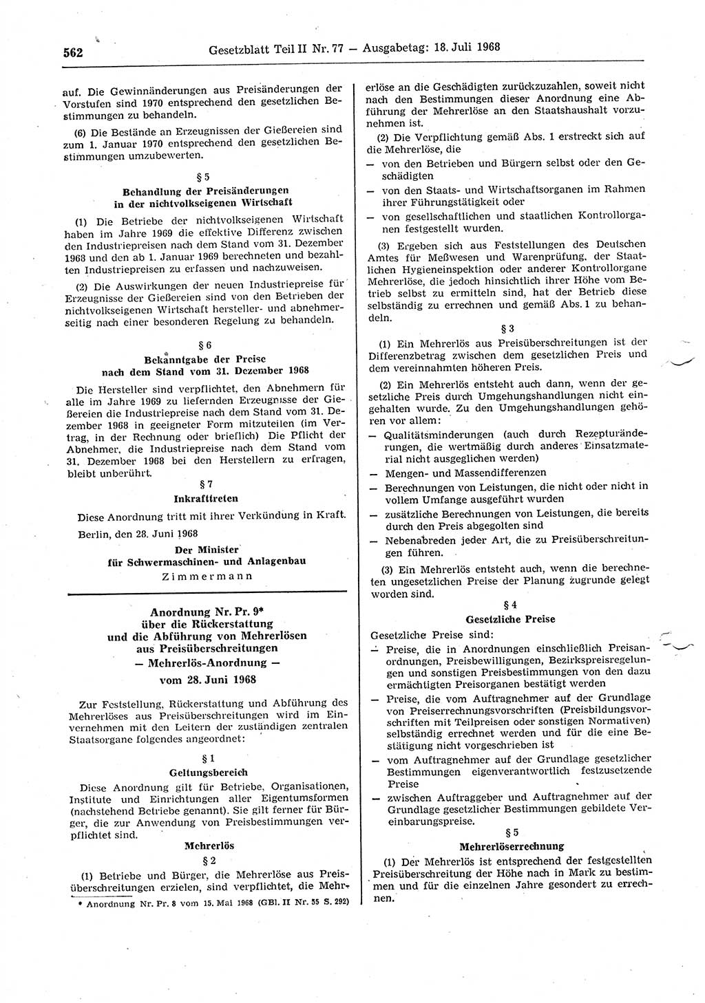 Gesetzblatt (GBl.) der Deutschen Demokratischen Republik (DDR) Teil ⅠⅠ 1968, Seite 562 (GBl. DDR ⅠⅠ 1968, S. 562)