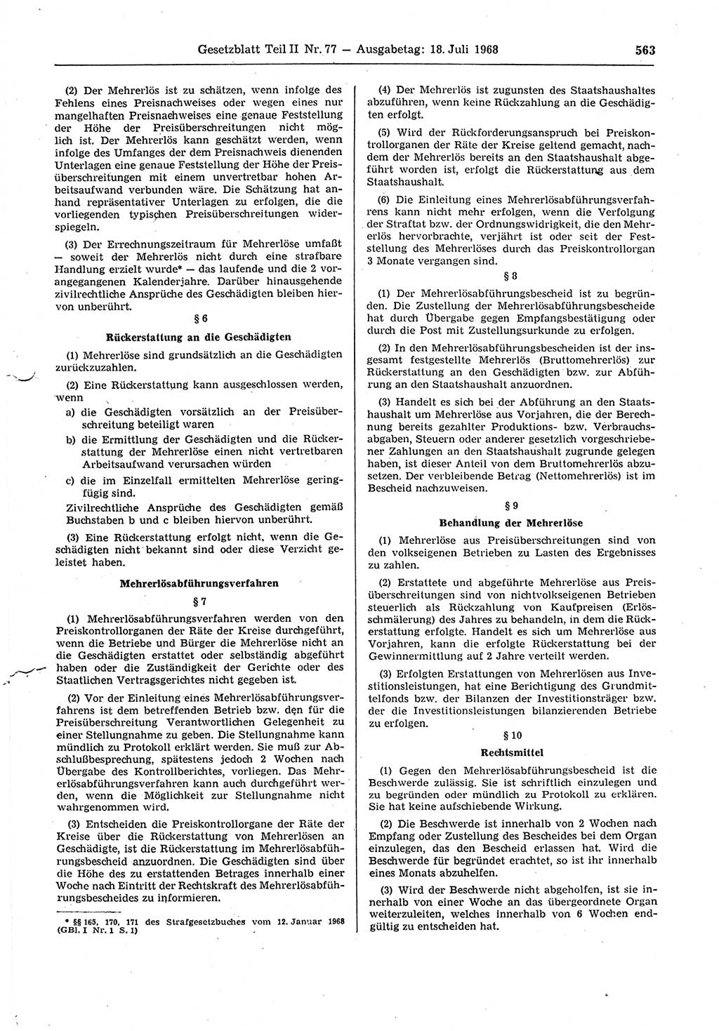 Gesetzblatt (GBl.) der Deutschen Demokratischen Republik (DDR) Teil ⅠⅠ 1968, Seite 563 (GBl. DDR ⅠⅠ 1968, S. 563)