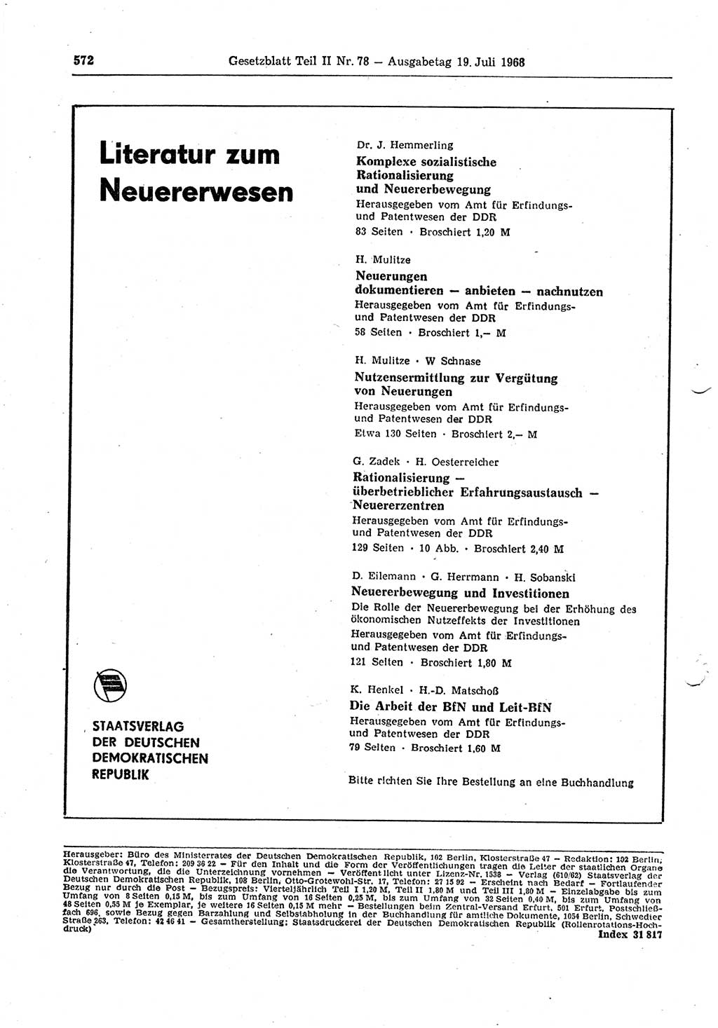 Gesetzblatt (GBl.) der Deutschen Demokratischen Republik (DDR) Teil ⅠⅠ 1968, Seite 572 (GBl. DDR ⅠⅠ 1968, S. 572)