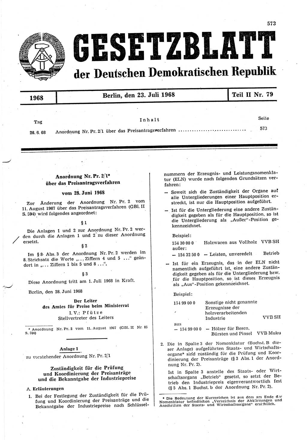 Gesetzblatt (GBl.) der Deutschen Demokratischen Republik (DDR) Teil ⅠⅠ 1968, Seite 573 (GBl. DDR ⅠⅠ 1968, S. 573)