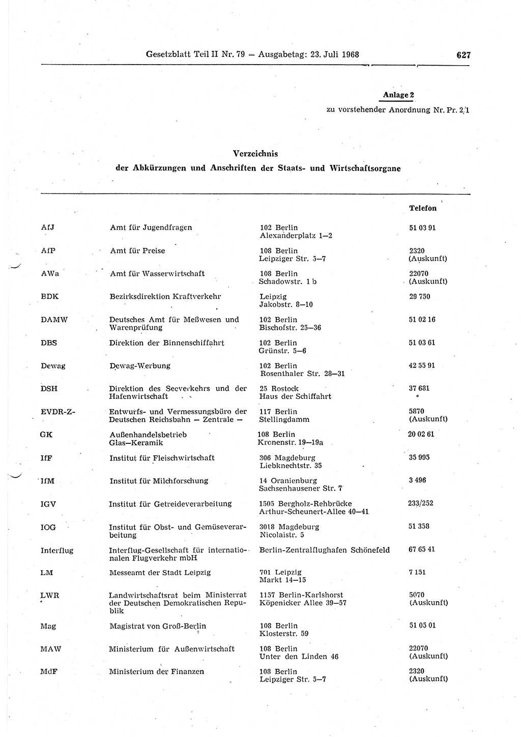 Gesetzblatt (GBl.) der Deutschen Demokratischen Republik (DDR) Teil ⅠⅠ 1968, Seite 627 (GBl. DDR ⅠⅠ 1968, S. 627)