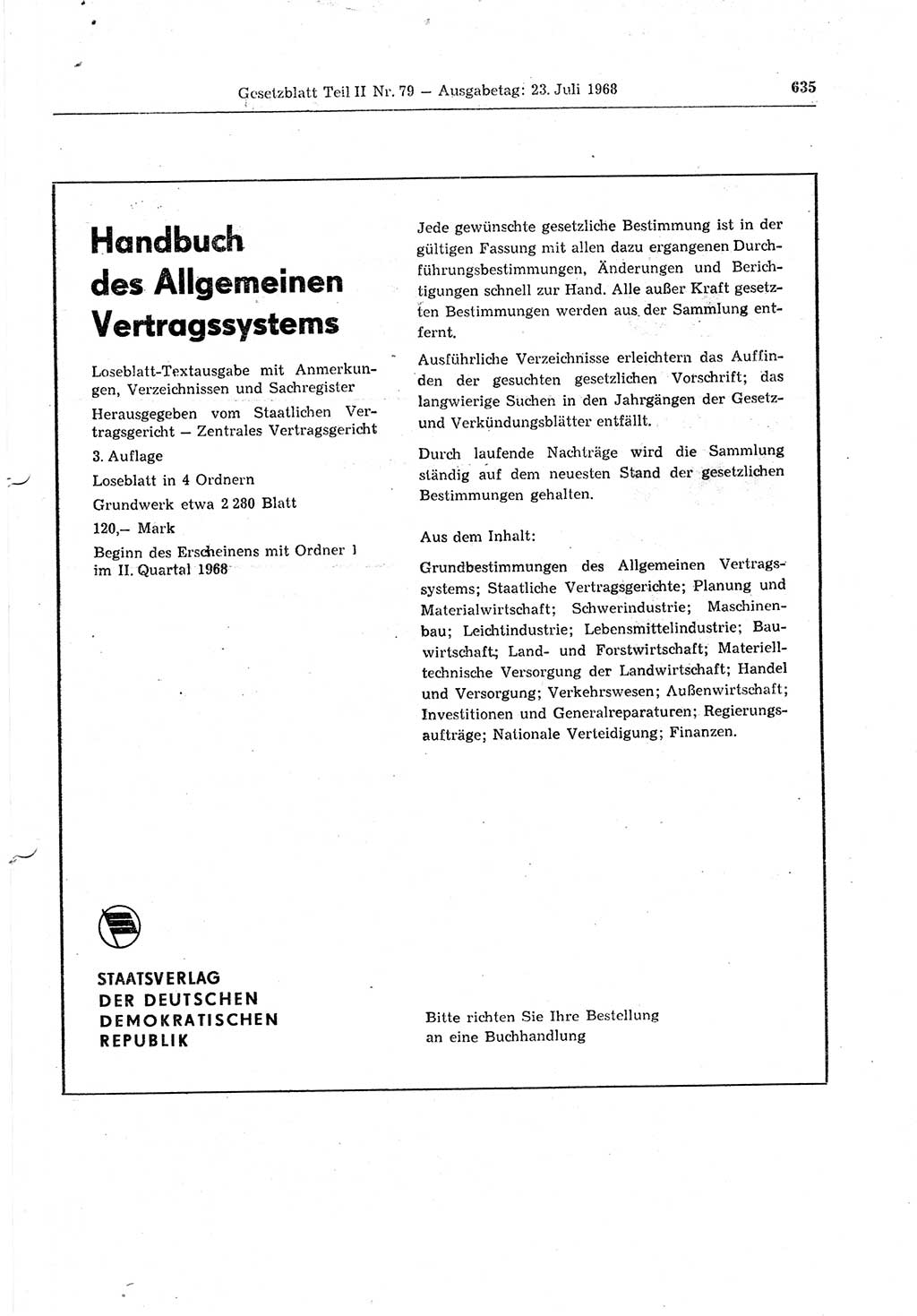 Gesetzblatt (GBl.) der Deutschen Demokratischen Republik (DDR) Teil ⅠⅠ 1968, Seite 635 (GBl. DDR ⅠⅠ 1968, S. 635)