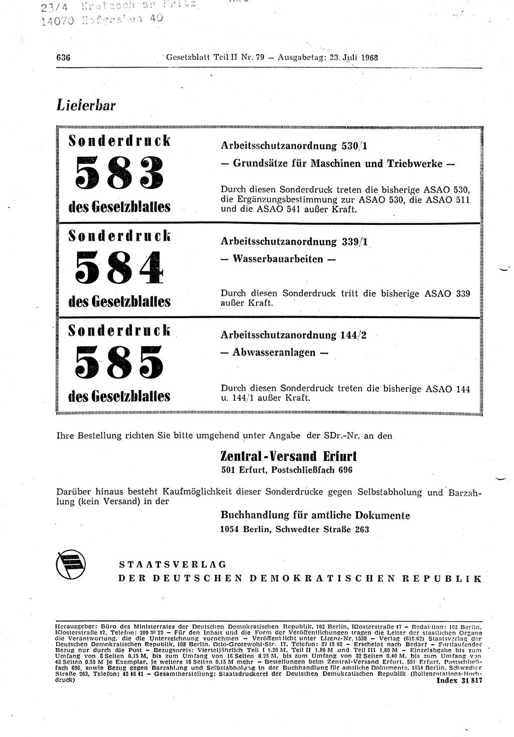 Gesetzblatt (GBl.) der Deutschen Demokratischen Republik (DDR) Teil ⅠⅠ 1968, Seite 636 (GBl. DDR ⅠⅠ 1968, S. 636)