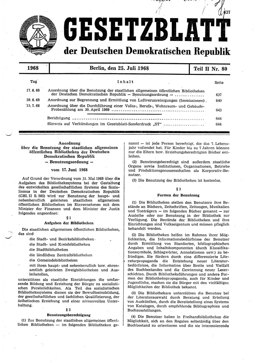 Gesetzblatt (GBl.) der Deutschen Demokratischen Republik (DDR) Teil ⅠⅠ 1968, Seite 637 (GBl. DDR ⅠⅠ 1968, S. 637)