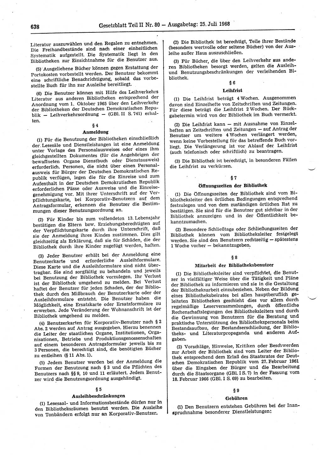 Gesetzblatt (GBl.) der Deutschen Demokratischen Republik (DDR) Teil ⅠⅠ 1968, Seite 638 (GBl. DDR ⅠⅠ 1968, S. 638)