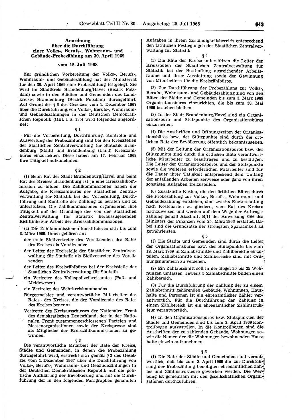 Gesetzblatt (GBl.) der Deutschen Demokratischen Republik (DDR) Teil ⅠⅠ 1968, Seite 643 (GBl. DDR ⅠⅠ 1968, S. 643)
