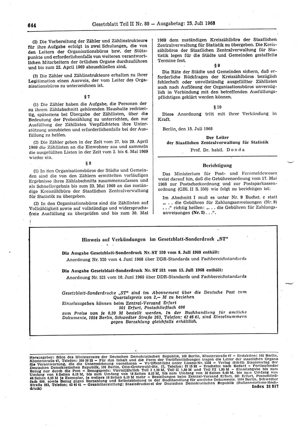 Gesetzblatt (GBl.) der Deutschen Demokratischen Republik (DDR) Teil ⅠⅠ 1968, Seite 644 (GBl. DDR ⅠⅠ 1968, S. 644)
