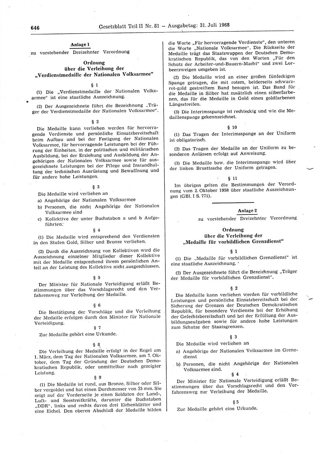 Gesetzblatt (GBl.) der Deutschen Demokratischen Republik (DDR) Teil ⅠⅠ 1968, Seite 646 (GBl. DDR ⅠⅠ 1968, S. 646)