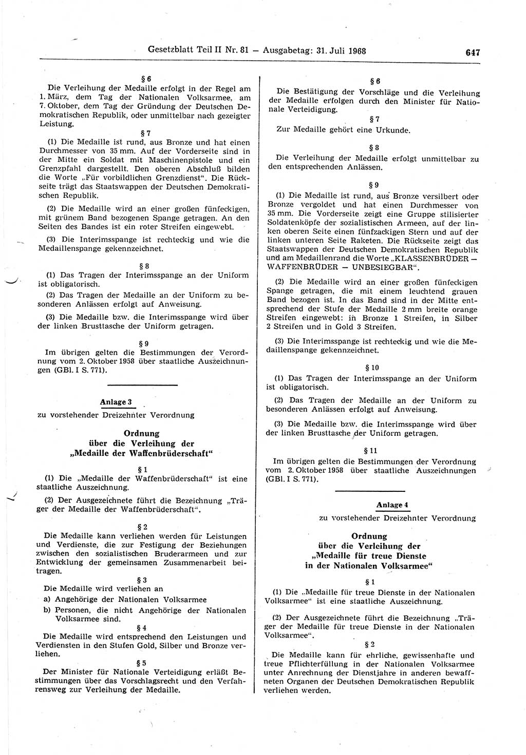 Gesetzblatt (GBl.) der Deutschen Demokratischen Republik (DDR) Teil ⅠⅠ 1968, Seite 647 (GBl. DDR ⅠⅠ 1968, S. 647)