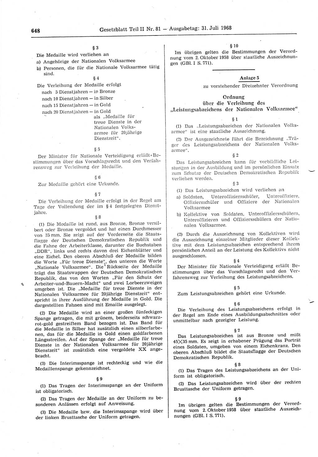 Gesetzblatt (GBl.) der Deutschen Demokratischen Republik (DDR) Teil ⅠⅠ 1968, Seite 648 (GBl. DDR ⅠⅠ 1968, S. 648)