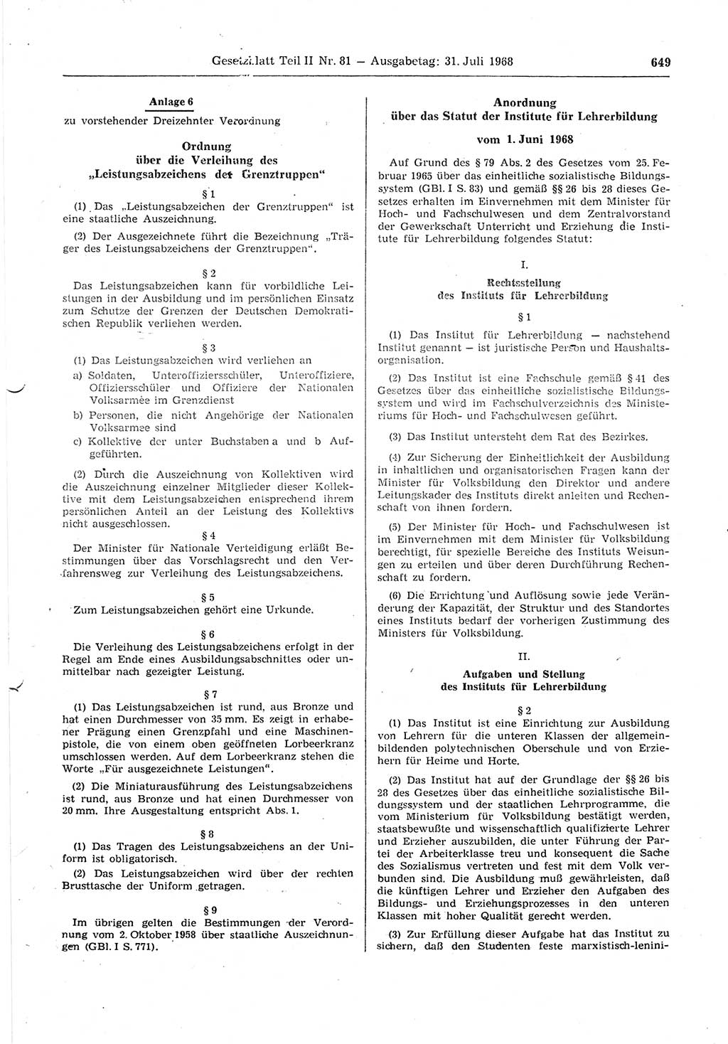 Gesetzblatt (GBl.) der Deutschen Demokratischen Republik (DDR) Teil ⅠⅠ 1968, Seite 649 (GBl. DDR ⅠⅠ 1968, S. 649)