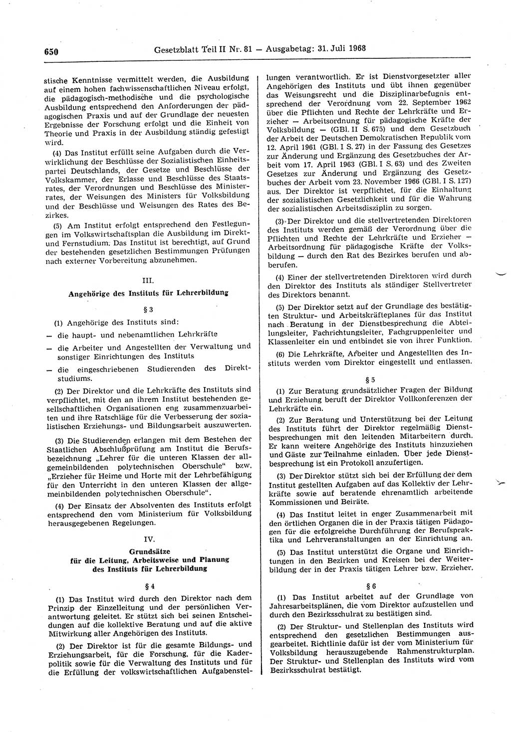 Gesetzblatt (GBl.) der Deutschen Demokratischen Republik (DDR) Teil ⅠⅠ 1968, Seite 650 (GBl. DDR ⅠⅠ 1968, S. 650)