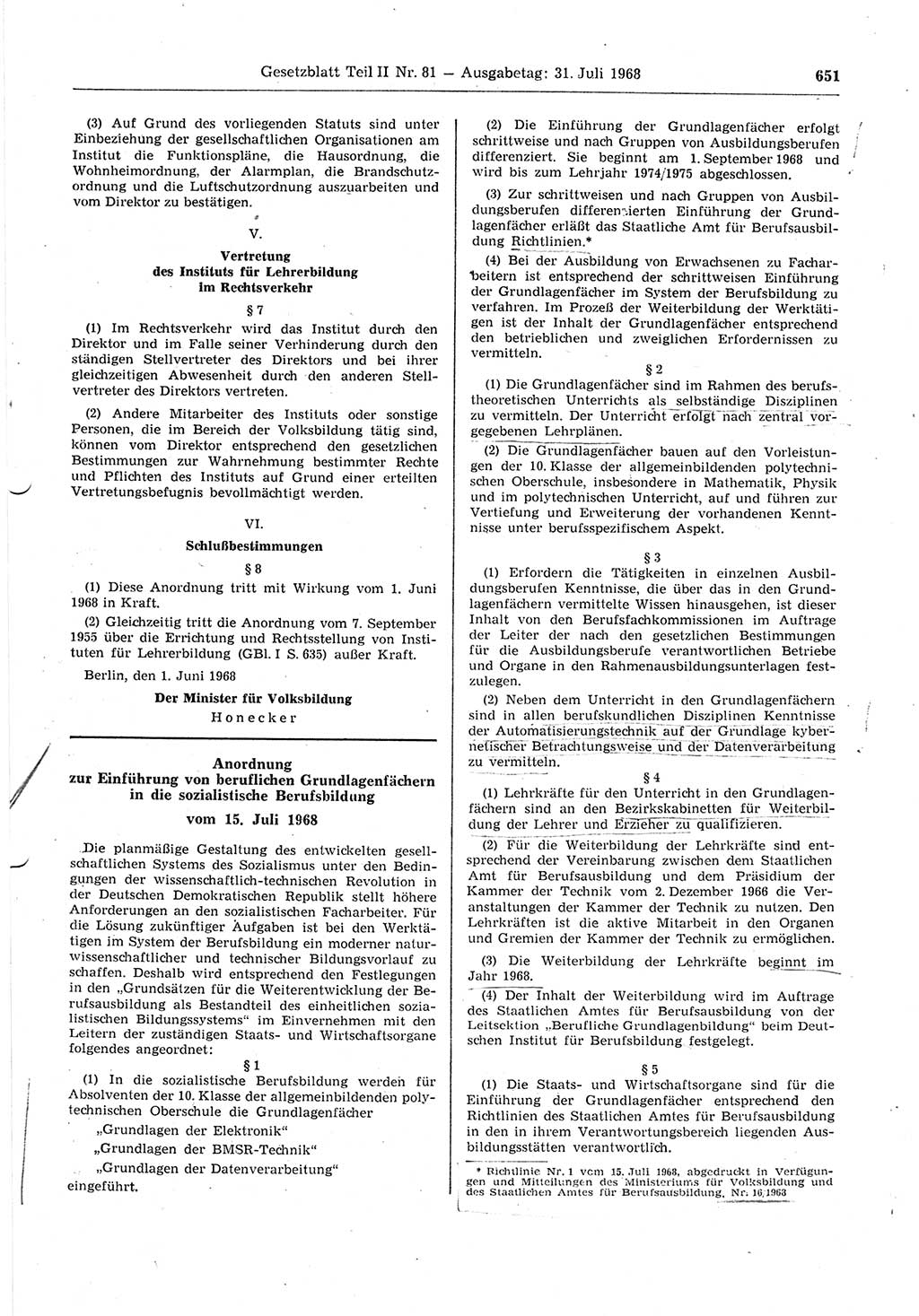 Gesetzblatt (GBl.) der Deutschen Demokratischen Republik (DDR) Teil ⅠⅠ 1968, Seite 651 (GBl. DDR ⅠⅠ 1968, S. 651)