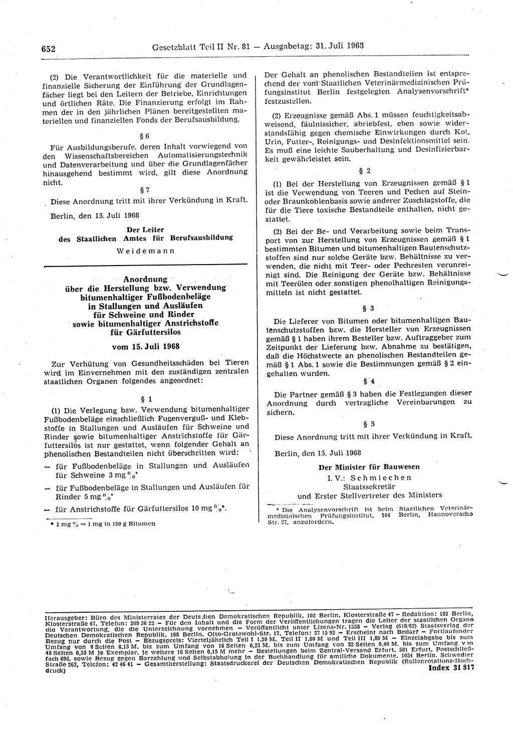 Gesetzblatt (GBl.) der Deutschen Demokratischen Republik (DDR) Teil ⅠⅠ 1968, Seite 652 (GBl. DDR ⅠⅠ 1968, S. 652)