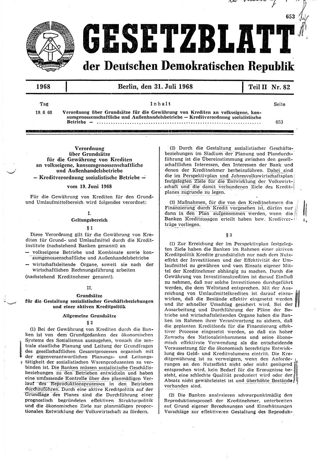 Gesetzblatt (GBl.) der Deutschen Demokratischen Republik (DDR) Teil ⅠⅠ 1968, Seite 653 (GBl. DDR ⅠⅠ 1968, S. 653)