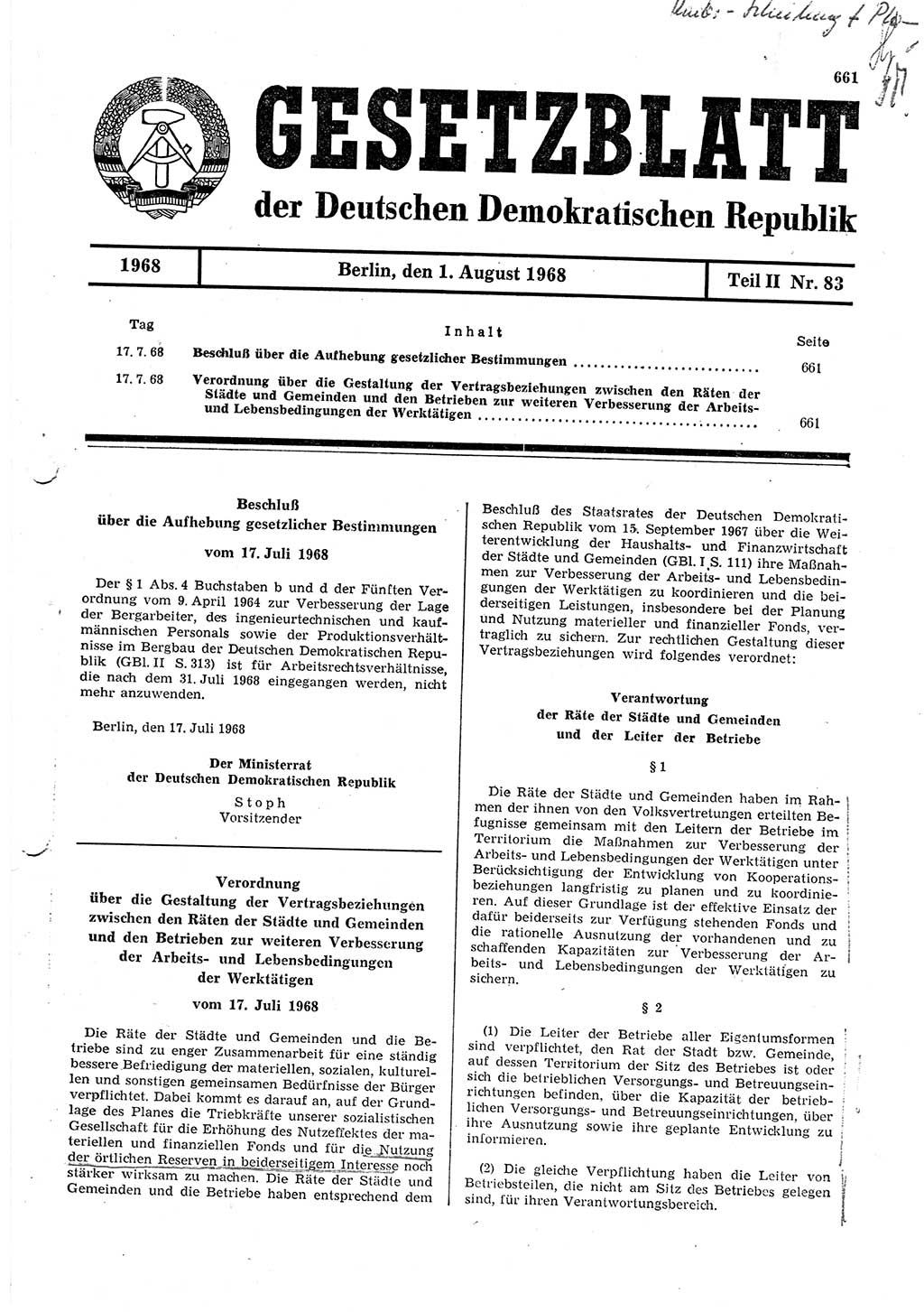 Gesetzblatt (GBl.) der Deutschen Demokratischen Republik (DDR) Teil ⅠⅠ 1968, Seite 661 (GBl. DDR ⅠⅠ 1968, S. 661)