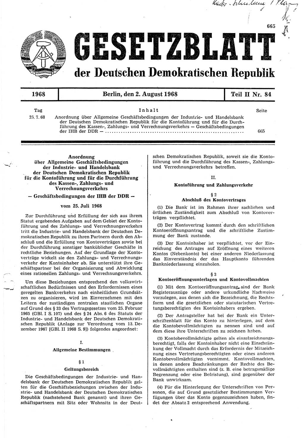 Gesetzblatt (GBl.) der Deutschen Demokratischen Republik (DDR) Teil ⅠⅠ 1968, Seite 665 (GBl. DDR ⅠⅠ 1968, S. 665)