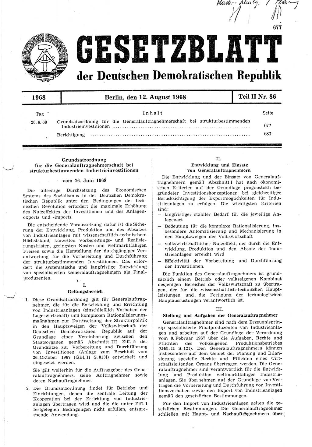 Gesetzblatt (GBl.) der Deutschen Demokratischen Republik (DDR) Teil ⅠⅠ 1968, Seite 677 (GBl. DDR ⅠⅠ 1968, S. 677)