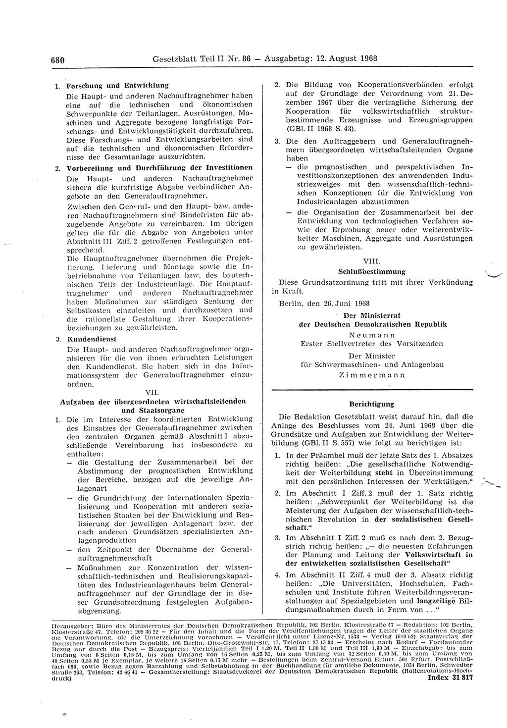 Gesetzblatt (GBl.) der Deutschen Demokratischen Republik (DDR) Teil ⅠⅠ 1968, Seite 680 (GBl. DDR ⅠⅠ 1968, S. 680)