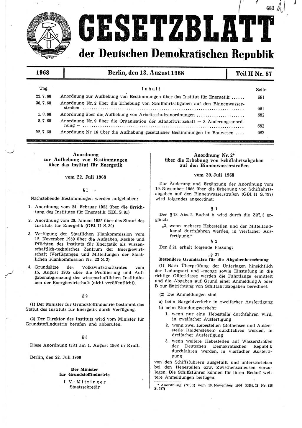 Gesetzblatt (GBl.) der Deutschen Demokratischen Republik (DDR) Teil ⅠⅠ 1968, Seite 681 (GBl. DDR ⅠⅠ 1968, S. 681)