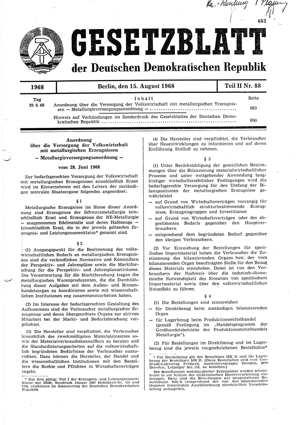 Gesetzblatt (GBl.) der Deutschen Demokratischen Republik (DDR) Teil ⅠⅠ 1968, Seite 683 (GBl. DDR ⅠⅠ 1968, S. 683)