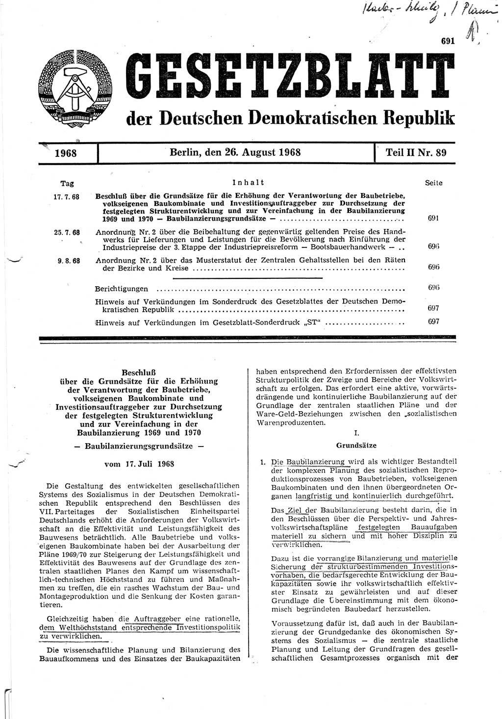 Gesetzblatt (GBl.) der Deutschen Demokratischen Republik (DDR) Teil ⅠⅠ 1968, Seite 691 (GBl. DDR ⅠⅠ 1968, S. 691)