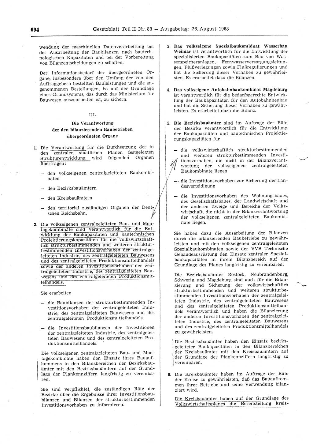 Gesetzblatt (GBl.) der Deutschen Demokratischen Republik (DDR) Teil ⅠⅠ 1968, Seite 694 (GBl. DDR ⅠⅠ 1968, S. 694)