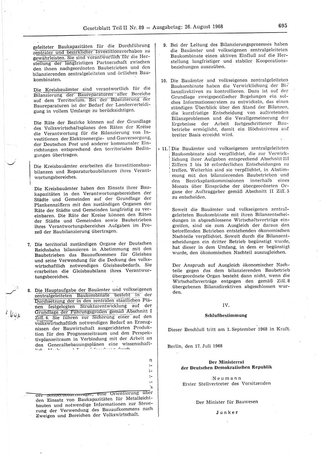 Gesetzblatt (GBl.) der Deutschen Demokratischen Republik (DDR) Teil ⅠⅠ 1968, Seite 695 (GBl. DDR ⅠⅠ 1968, S. 695)