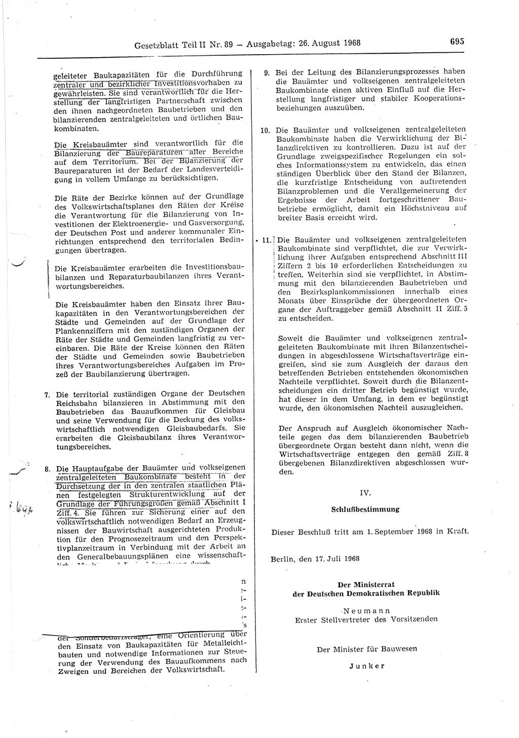 Gesetzblatt (GBl.) der Deutschen Demokratischen Republik (DDR) Teil ⅠⅠ 1968, Seite 695 (GBl. DDR ⅠⅠ 1968, S. 695)