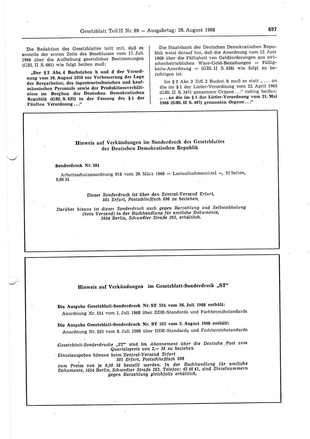 Gesetzblatt (GBl.) der Deutschen Demokratischen Republik (DDR) Teil ⅠⅠ 1968, Seite 697 (GBl. DDR ⅠⅠ 1968, S. 697)