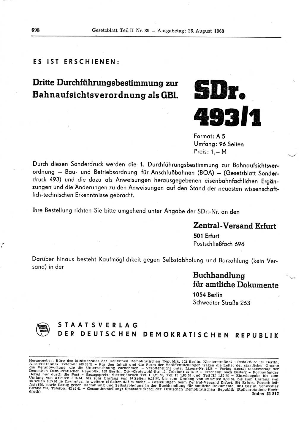 Gesetzblatt (GBl.) der Deutschen Demokratischen Republik (DDR) Teil ⅠⅠ 1968, Seite 698 (GBl. DDR ⅠⅠ 1968, S. 698)