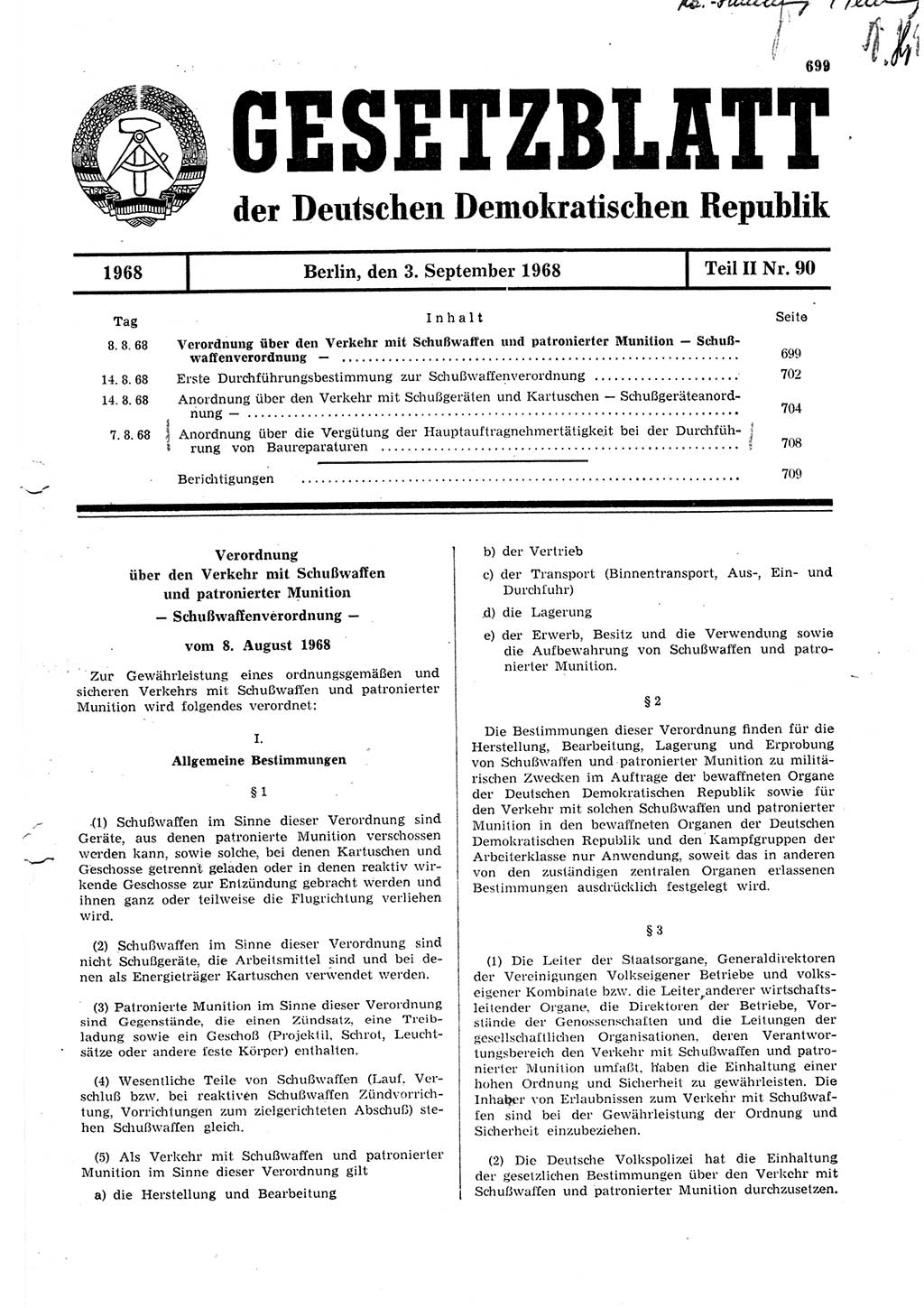 Gesetzblatt (GBl.) der Deutschen Demokratischen Republik (DDR) Teil ⅠⅠ 1968, Seite 699 (GBl. DDR ⅠⅠ 1968, S. 699)