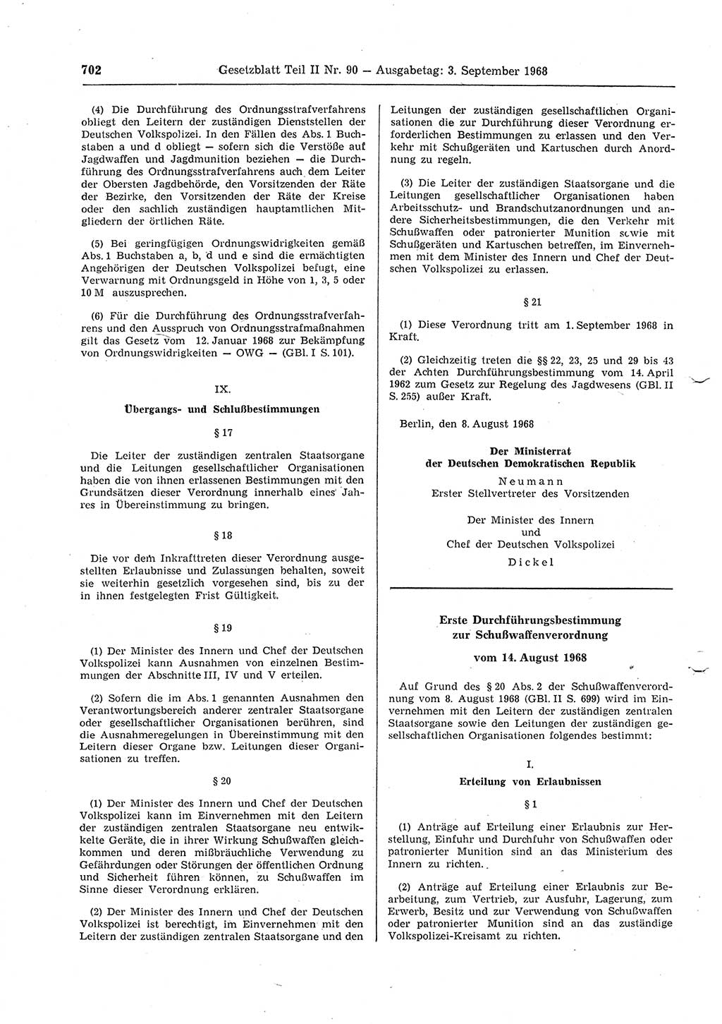 Gesetzblatt (GBl.) der Deutschen Demokratischen Republik (DDR) Teil ⅠⅠ 1968, Seite 702 (GBl. DDR ⅠⅠ 1968, S. 702)