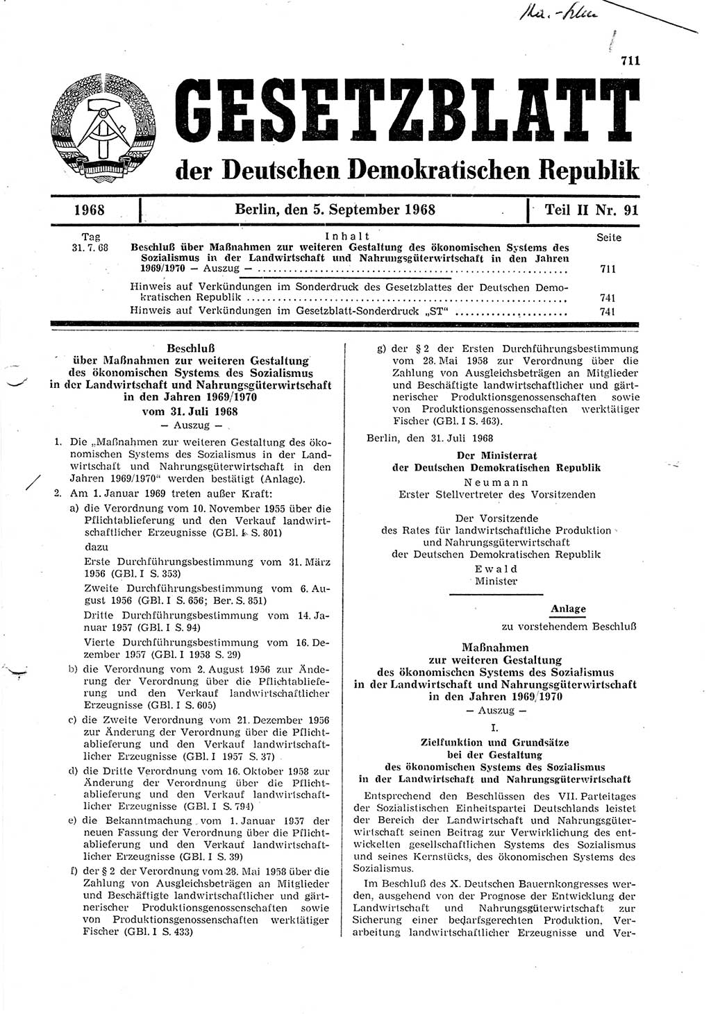 Gesetzblatt (GBl.) der Deutschen Demokratischen Republik (DDR) Teil ⅠⅠ 1968, Seite 711 (GBl. DDR ⅠⅠ 1968, S. 711)